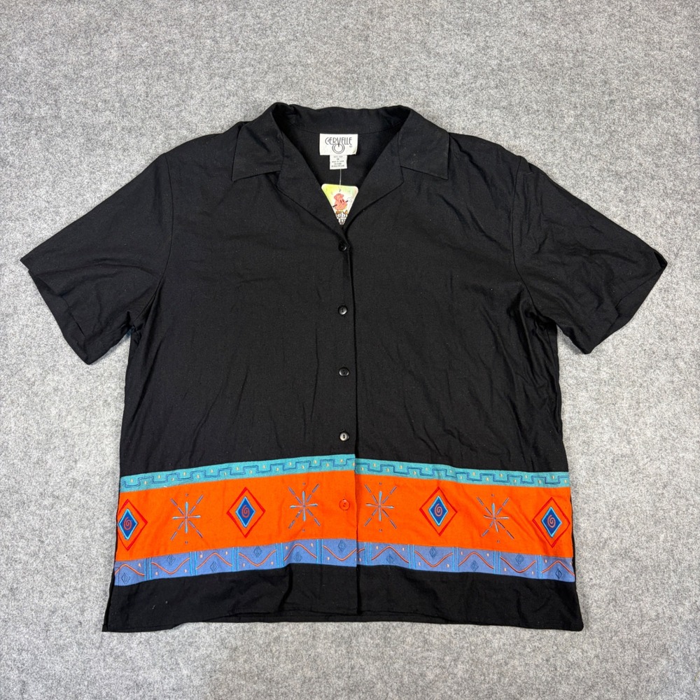 Cervelle 100% Silk Southwestern Embroidered Button Down Shirt Black 1X